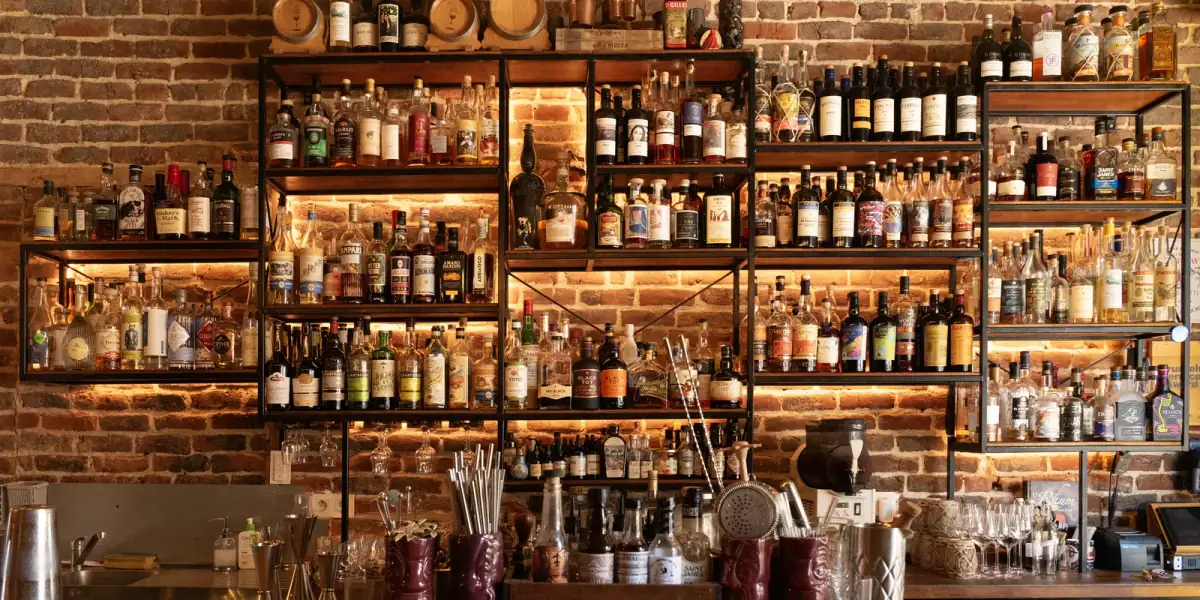 The back bar of The Modern Alchemist, a cocktail bar in Saint-Gilles, Brussels